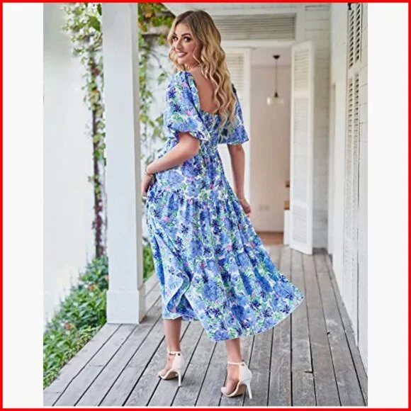 Women's Maxi Dress Boho Floral Smocked Back Short Sleeve Summer Casual - Picture 4 of 7